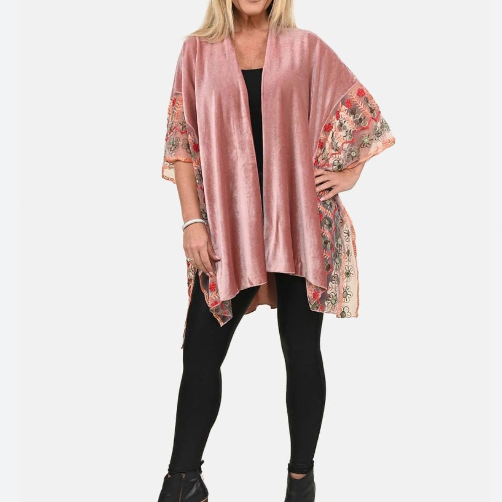 Tamsy Floral Embroidered Velvet Kimono